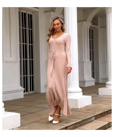 Women's Long Knit Crewneck Sweater Dress Tie Waist A-Line Swing Pleated Bodycon C-apricot $19.44 Dresses