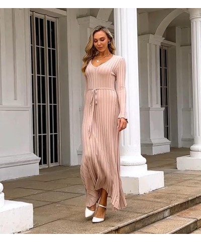 Women's Long Knit Crewneck Sweater Dress Tie Waist A-Line Swing Pleated Bodycon C-apricot $19.44 Dresses