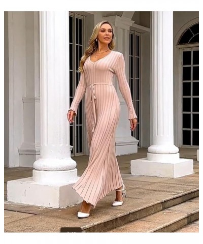 Women's Long Knit Crewneck Sweater Dress Tie Waist A-Line Swing Pleated Bodycon C-apricot $19.44 Dresses