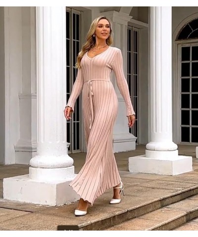 Women's Long Knit Crewneck Sweater Dress Tie Waist A-Line Swing Pleated Bodycon C-apricot $19.44 Dresses