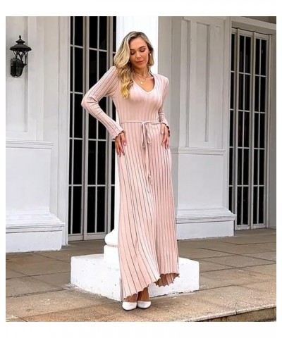 Women's Long Knit Crewneck Sweater Dress Tie Waist A-Line Swing Pleated Bodycon C-apricot $19.44 Dresses