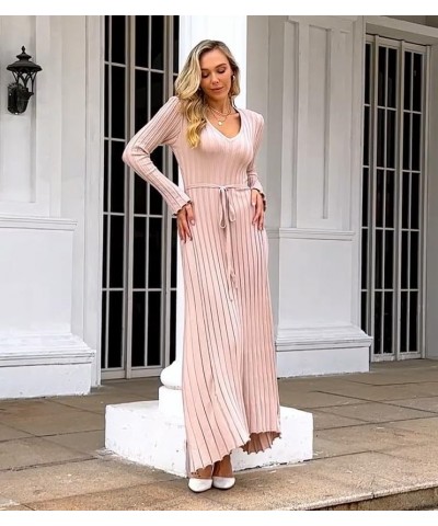 Women's Long Knit Crewneck Sweater Dress Tie Waist A-Line Swing Pleated Bodycon C-apricot $19.44 Dresses