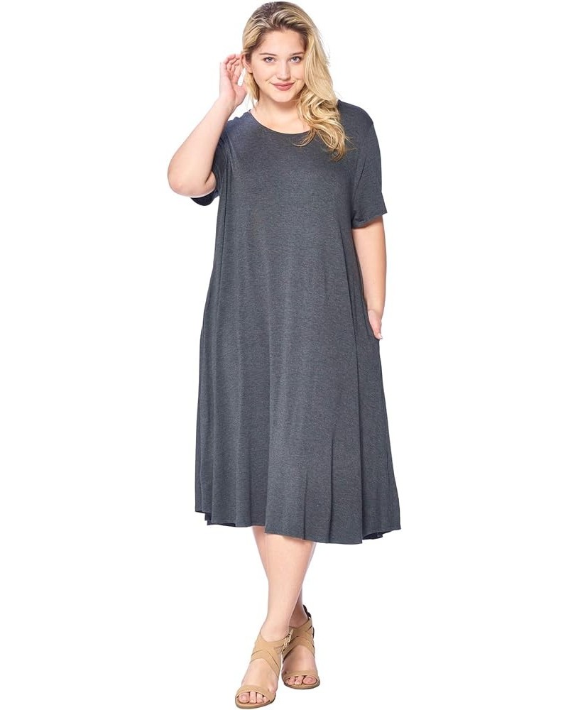 Modern Kiwi® Women's Plus Size Short Sleeve Flowy A-Line Pocket Midi Maxi Dress (1X-5X) Made in USA Charcoal $16.66 Dresses