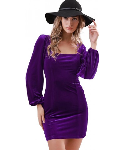 Women's Velvet Mini Dress Puff Long Sleeve Sexy Elegant Homecoming Cocktail Party Bodycon Dresses Purple $11.50 Dresses