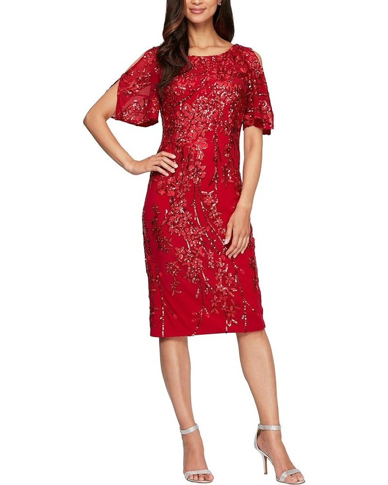 Women's Short Cold Shoulder Flutter Sleeve Dress (Petite Regular) Red $76.54 Dresses