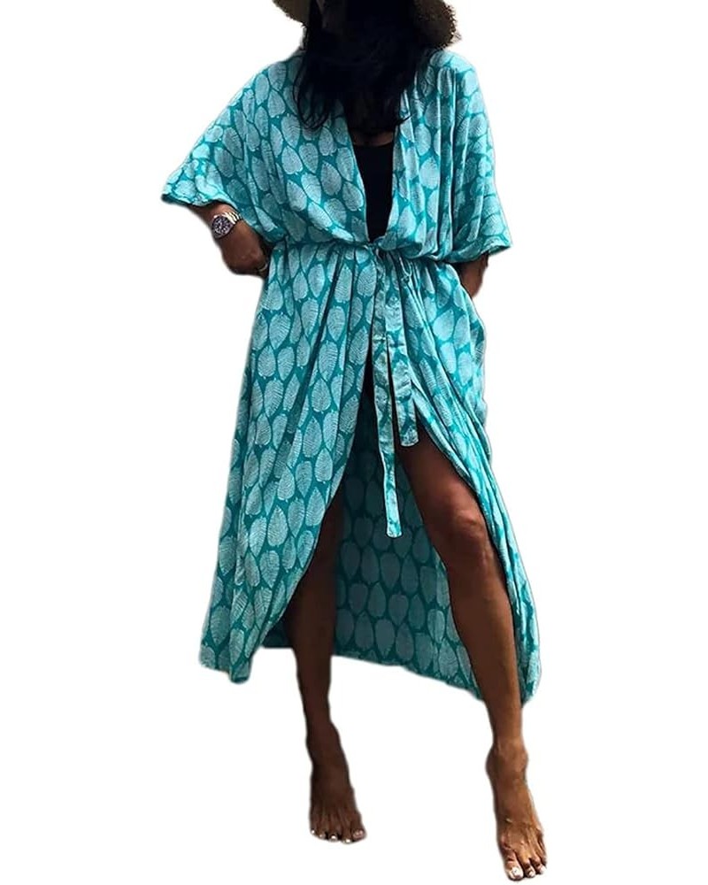 Tie Dye Kimono Swimsuit Cover up Open Front Long Loose Beach Cardigan with Belt Style3-peacock Blue $16.79 Swimsuits