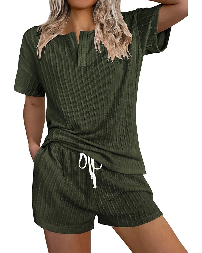 Ribbed Knit Lounge Sets for Women 2 Piece Outfits Short Sleeve Top and Shorts Pajama Sets Tracksuit Sweatsuits Deep Army Gree...