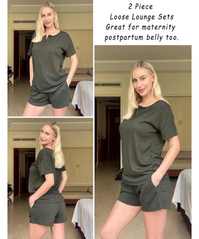 Ribbed Knit Lounge Sets for Women 2 Piece Outfits Short Sleeve Top and Shorts Pajama Sets Tracksuit Sweatsuits Deep Army Gree...