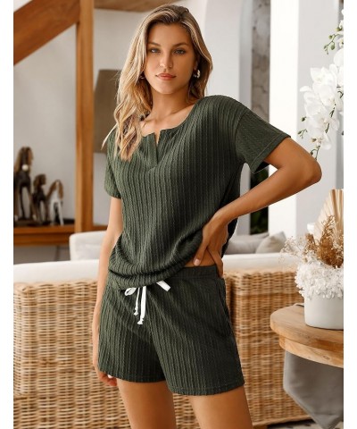 Ribbed Knit Lounge Sets for Women 2 Piece Outfits Short Sleeve Top and Shorts Pajama Sets Tracksuit Sweatsuits Deep Army Gree...