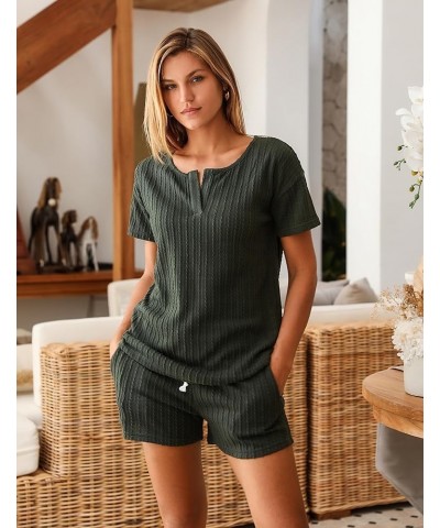 Ribbed Knit Lounge Sets for Women 2 Piece Outfits Short Sleeve Top and Shorts Pajama Sets Tracksuit Sweatsuits Deep Army Gree...