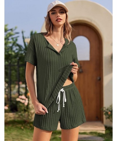 Ribbed Knit Lounge Sets for Women 2 Piece Outfits Short Sleeve Top and Shorts Pajama Sets Tracksuit Sweatsuits Deep Army Gree...