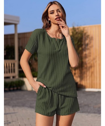 Ribbed Knit Lounge Sets for Women 2 Piece Outfits Short Sleeve Top and Shorts Pajama Sets Tracksuit Sweatsuits Deep Army Gree...