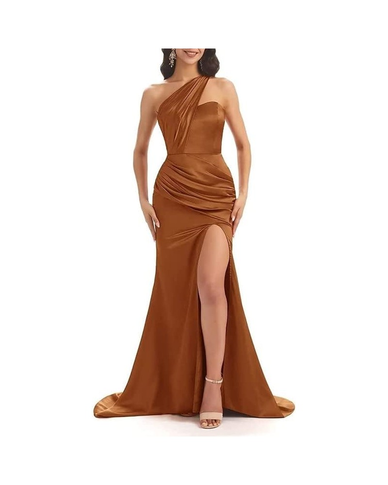 One Shoulder Mermaid Prom Dresses for Women Long Satin Wedding Guest Dress Formal Gowns with Slit Rust $38.24 Dresses
