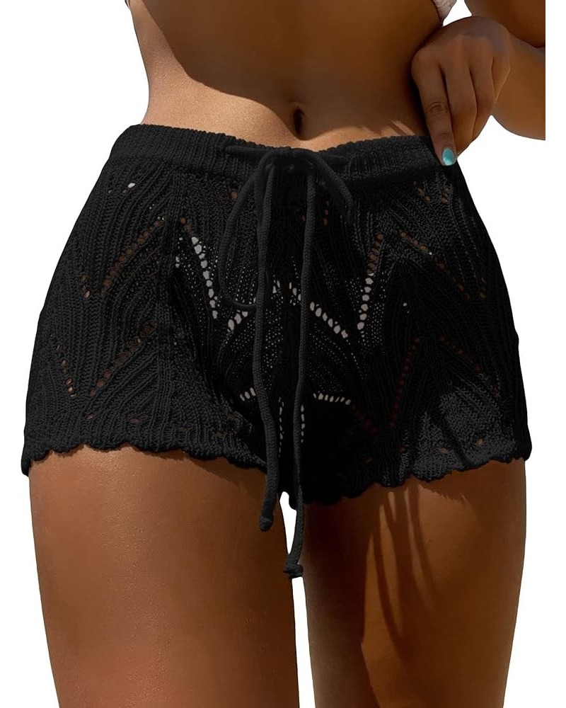 Womens Crochet Cover Up Shorts Hollow Out High Waist Knit Bathing Suit Bikini Swimsuit Short-3-black $10.25 Swimsuits