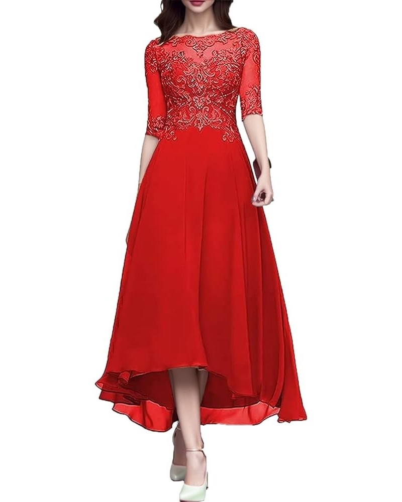 Women's A Line Tea Length Mother of The Bride Dresses with Sleeve Lace Applique Chiffon Formal Evening Gown Red $30.75 Dresses