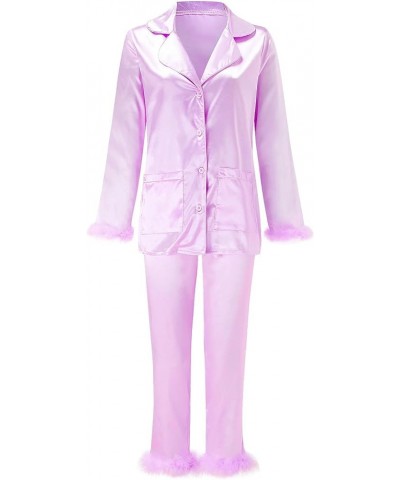 Silk Pajamas for Women Plus Size Womens Pajama Sets Cotton Shorts Silk Lace Pajamas Lounge Set B-purple $16.68 Sleep & Lounge