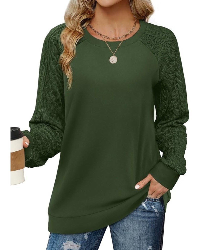 Sweatshirts for Women Crewneck Cable Knit Sleeve Sweaters Lightweight Fashion 2024 E-dark Green $16.17 Hoodies & Sweatshirts