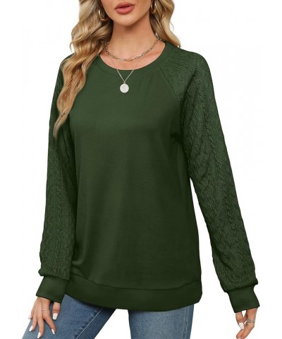 Sweatshirts for Women Crewneck Cable Knit Sleeve Sweaters Lightweight Fashion 2024 E-dark Green $16.17 Hoodies & Sweatshirts