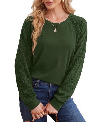 Sweatshirts for Women Crewneck Cable Knit Sleeve Sweaters Lightweight Fashion 2024 E-dark Green $16.17 Hoodies & Sweatshirts