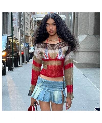 Women' s Y2K Crochet Crop Top See Through Hollow Out Sweater Pullover Long Sleeve Knit Color Block Casual Streetwear Colorful...