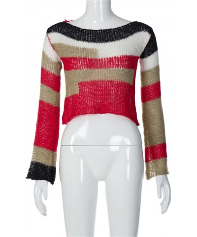Women' s Y2K Crochet Crop Top See Through Hollow Out Sweater Pullover Long Sleeve Knit Color Block Casual Streetwear Colorful...