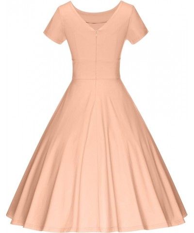Women's 1950s Vintage Dresses Short Sleeves Cocktail Stretchy Party Dresses with Pocket Light Orange $23.51 Dresses