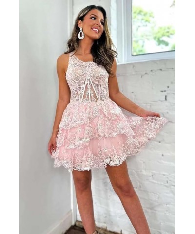 One Shoulder Short Tulle Homecoming Dresses for Teens 2023 Sparkly Lace Applique Ruffled Corset Prom Dress Burnt Orange $35.7...
