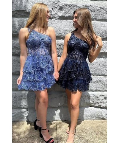 One Shoulder Short Tulle Homecoming Dresses for Teens 2023 Sparkly Lace Applique Ruffled Corset Prom Dress Burnt Orange $35.7...