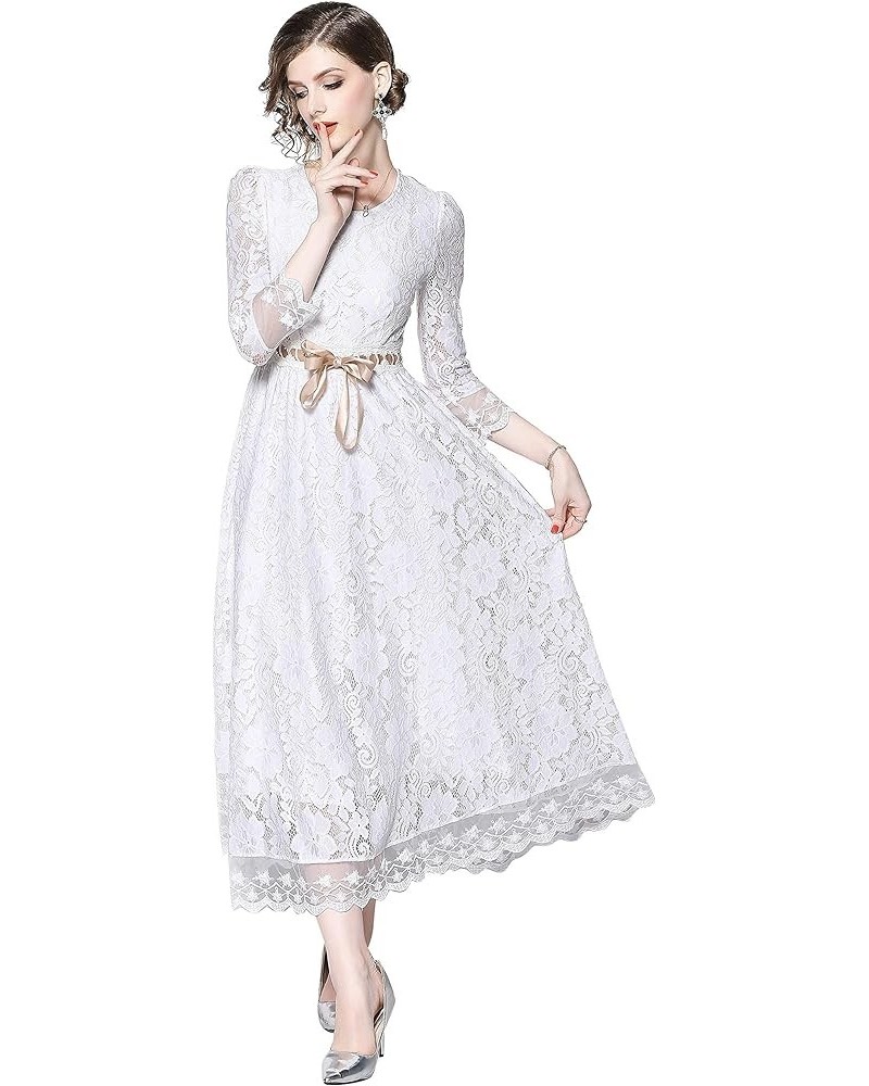 Women's Floral Lace Short Sleeve Round Neck Bridesmaid Party Dress White $22.54 Dresses