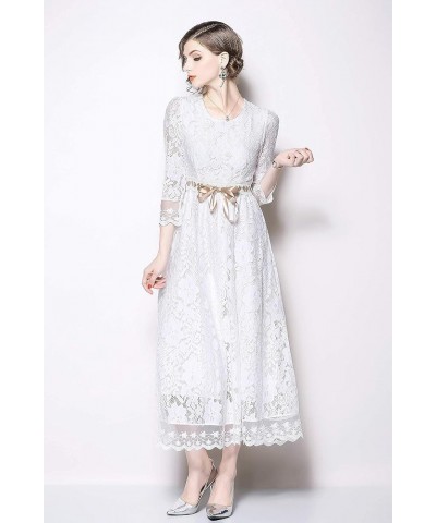 Women's Floral Lace Short Sleeve Round Neck Bridesmaid Party Dress White $22.54 Dresses