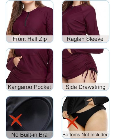 Plus Size Rash Guard for Women UPF 50+ Zip Drawstring Ruched Pocket Top Burgundy $12.00 Swimsuits