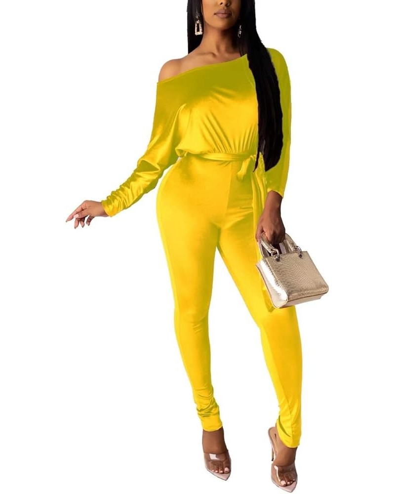 Women Velvet Off Shoulder Jumpsuit Long Sleeve Bodycon Pants Suit One Piece Romper Party Clubwear with Belt Yellow $18.33 Jum...