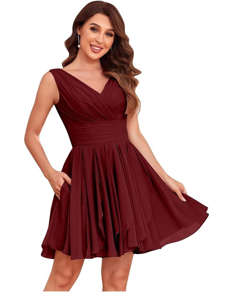 Women's V Neck A-Line Bridesmaid Dresses Short for Wedding Pleated Formal Party Gown with Pockets Burgundy $30.24 Dresses