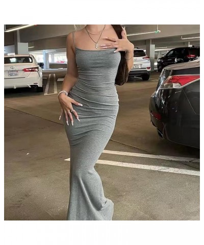 Women Sexy Bodycon Maxi Dress Sleeveless Solid Color Slip Dress Elegant Long Cami Dresses Evening Party A-grey $12.47 Dresses