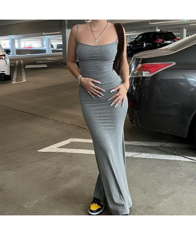 Women Sexy Bodycon Maxi Dress Sleeveless Solid Color Slip Dress Elegant Long Cami Dresses Evening Party A-grey $12.47 Dresses