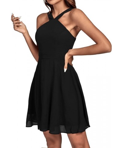 Women's Halter Neck Sleeveless Ruffle Hem Flowy A Line Mini Short Dress Black $21.20 Dresses