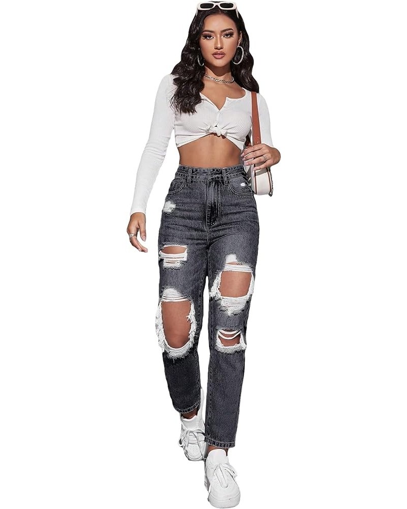 Women's High Waisted Ripped Raw Hem Skinny Jeans Distressed Cut Out Pants Solid Dark Grey $26.51 Jeans