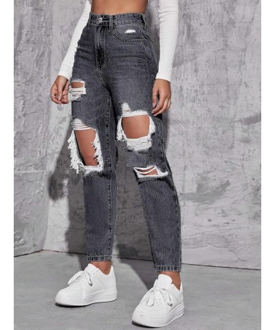 Women's High Waisted Ripped Raw Hem Skinny Jeans Distressed Cut Out Pants Solid Dark Grey $26.51 Jeans