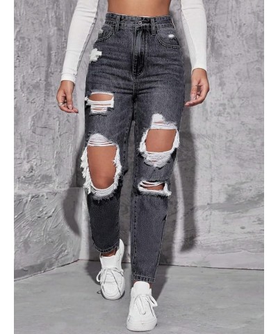 Women's High Waisted Ripped Raw Hem Skinny Jeans Distressed Cut Out Pants Solid Dark Grey $26.51 Jeans