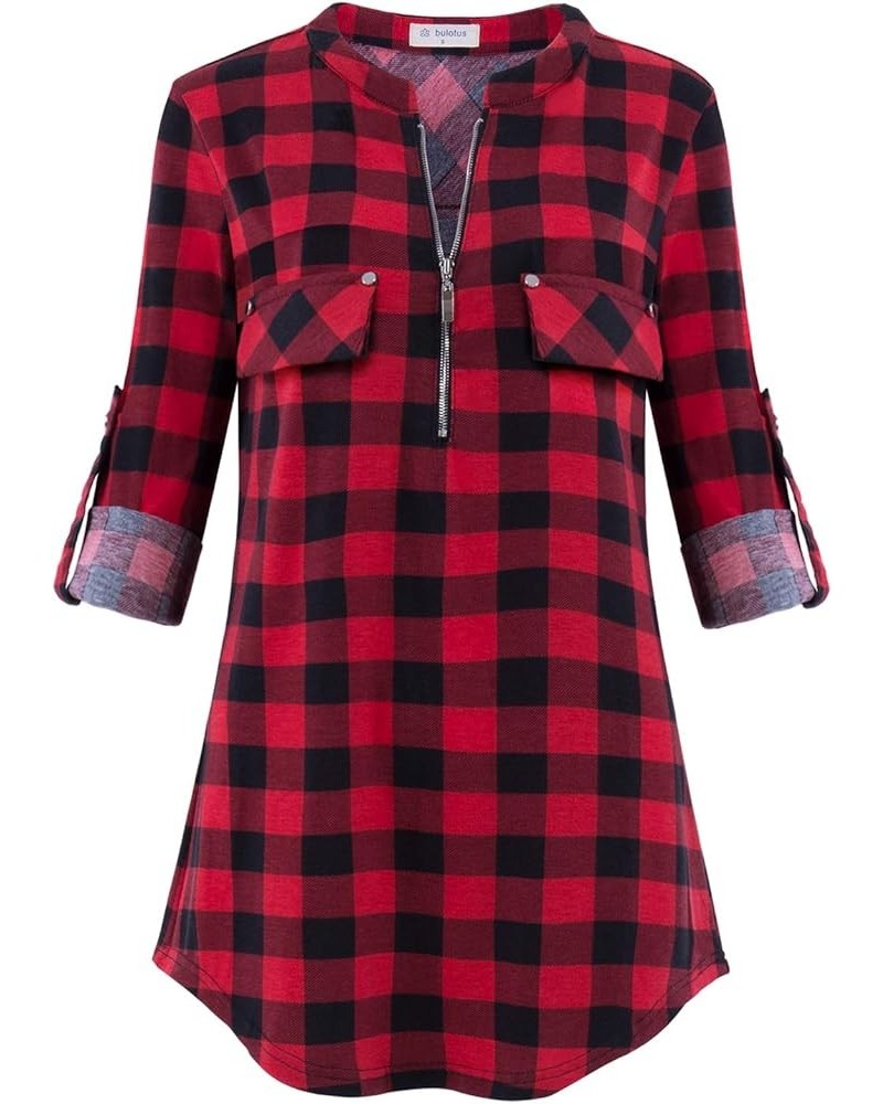 Women's Zip Front V-Neck 3/4 Sleeve Tunic Casual Top A-black Red Plaid $18.23 Sweaters