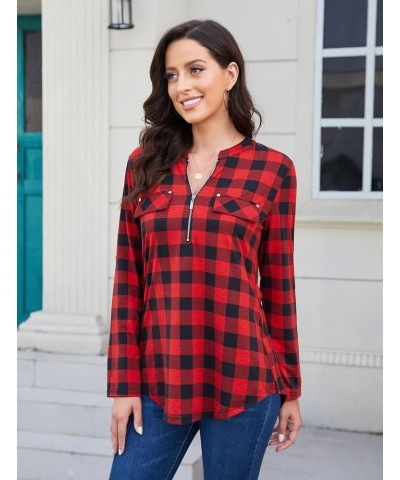 Women's Zip Front V-Neck 3/4 Sleeve Tunic Casual Top A-black Red Plaid $18.23 Sweaters