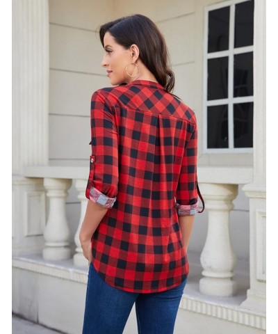 Women's Zip Front V-Neck 3/4 Sleeve Tunic Casual Top A-black Red Plaid $18.23 Sweaters