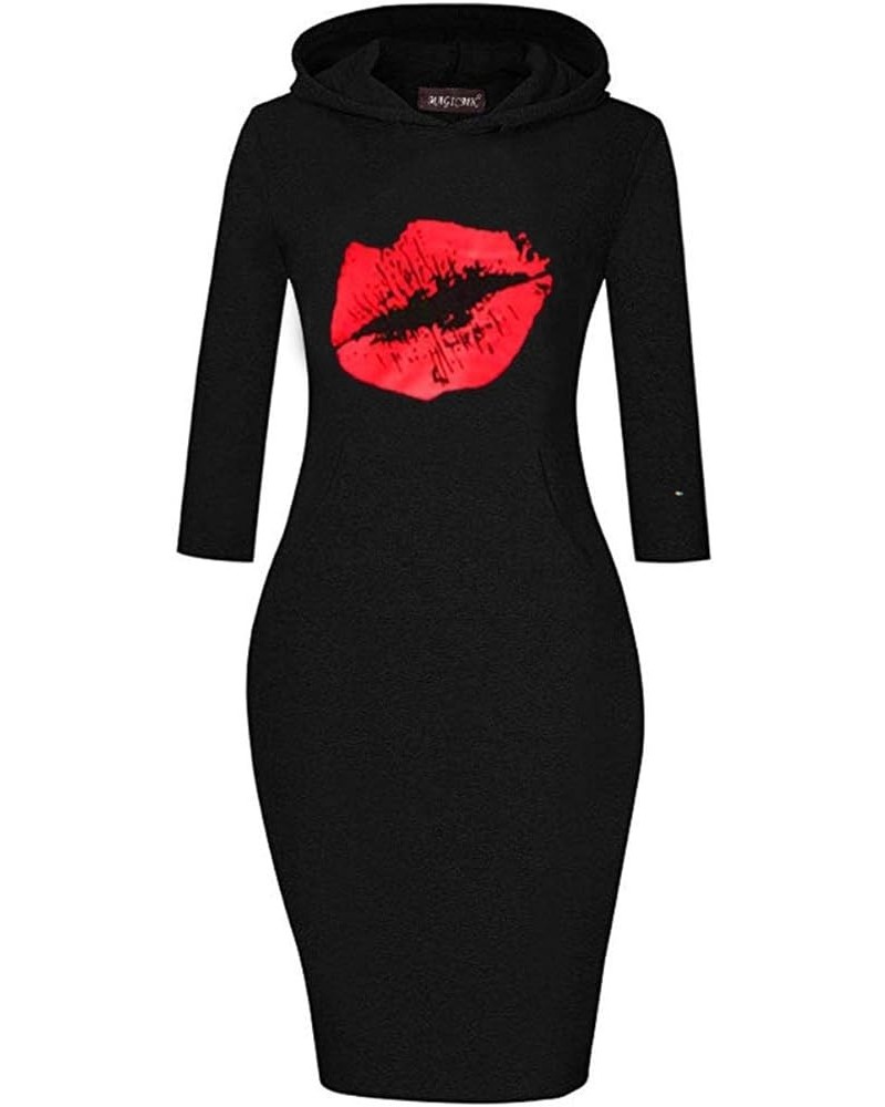 Women Long Sleeve Print Lips Slim Fitted Knee Length Sweatshirt With Pocket Casual Pullover Hoodie Dress Hblack+red $11.52 Ho...