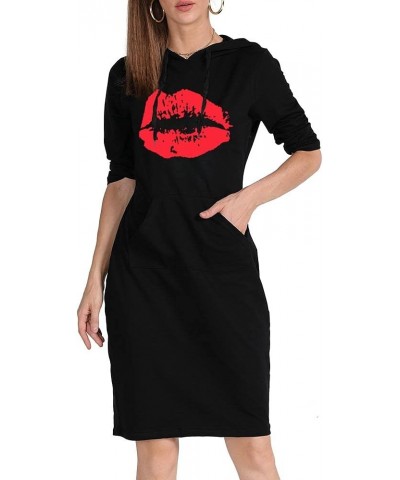 Women Long Sleeve Print Lips Slim Fitted Knee Length Sweatshirt With Pocket Casual Pullover Hoodie Dress Hblack+red $11.52 Ho...