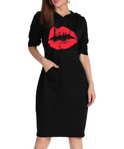 Women Long Sleeve Print Lips Slim Fitted Knee Length Sweatshirt With Pocket Casual Pullover Hoodie Dress Hblack+red $11.52 Ho...