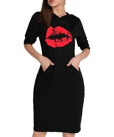 Women Long Sleeve Print Lips Slim Fitted Knee Length Sweatshirt With Pocket Casual Pullover Hoodie Dress Hblack+red $11.52 Ho...