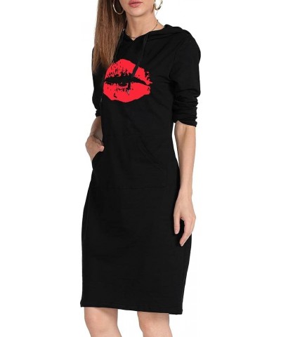 Women Long Sleeve Print Lips Slim Fitted Knee Length Sweatshirt With Pocket Casual Pullover Hoodie Dress Hblack+red $11.52 Ho...