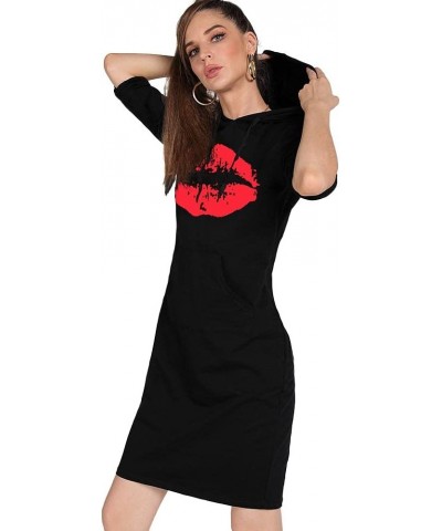 Women Long Sleeve Print Lips Slim Fitted Knee Length Sweatshirt With Pocket Casual Pullover Hoodie Dress Hblack+red $11.52 Ho...