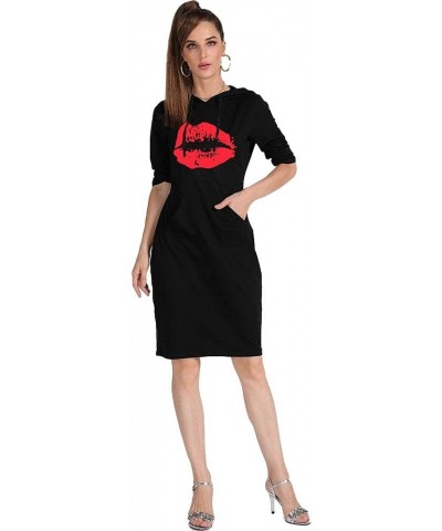 Women Long Sleeve Print Lips Slim Fitted Knee Length Sweatshirt With Pocket Casual Pullover Hoodie Dress Hblack+red $11.52 Ho...