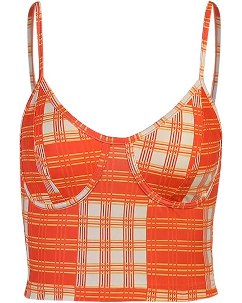 Womens Tank Crop Top Ruffled Patchwork Sleeveless Spaghetti Straps Bodycon T-Shirts Blouses Orange $10.70 Tanks